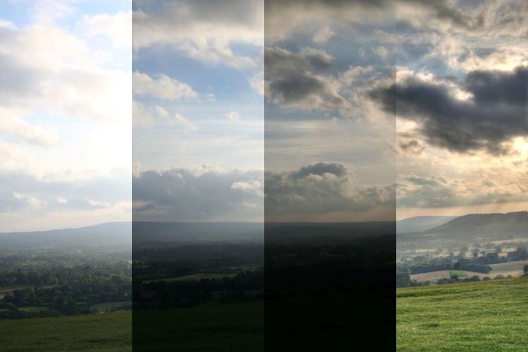 Before and after comparison of a landscape photo processed with Luminance HDR