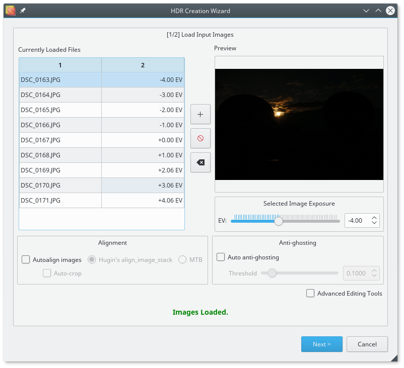 Luminance HDR New HDR Image Wizard showing exposure selection